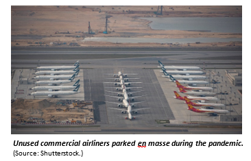 Unused commercial airliners parked en masse during the pandemic.