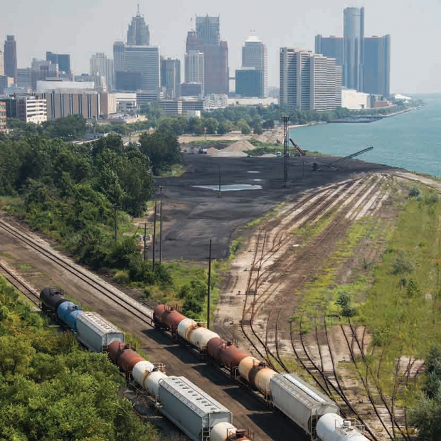 michigan rail with view of downtown detroit